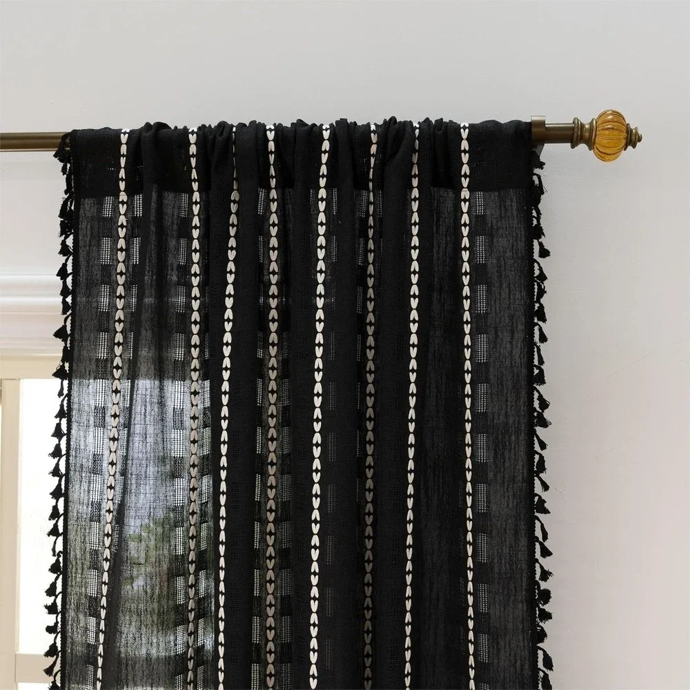 NWT Black Semi Sheer Curtain 52x84 Boho Earthy Indie Ethnic Tassels Embroidery